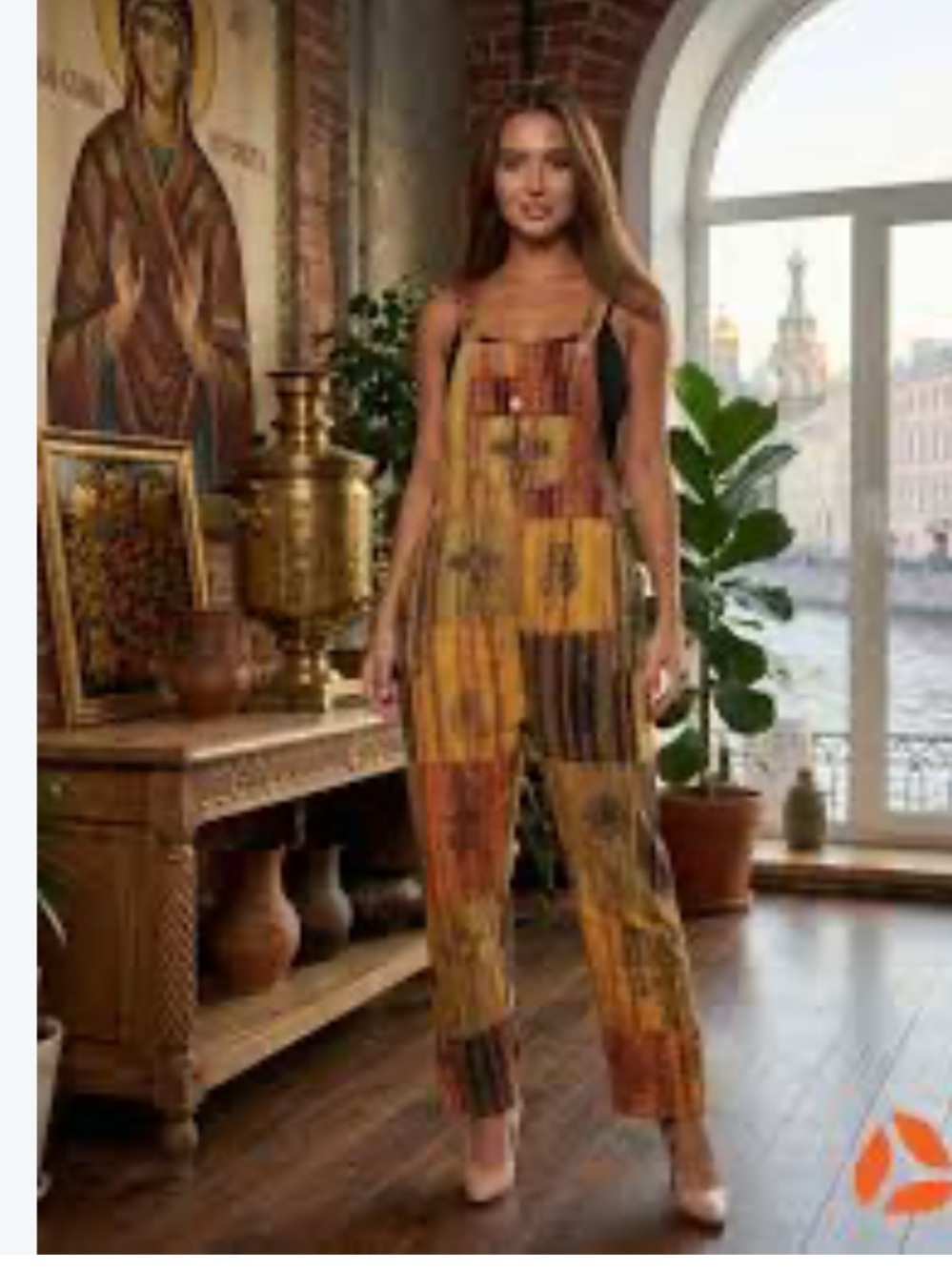 Women's Patchwork Print Jumpsuit in Mustard & Rust M